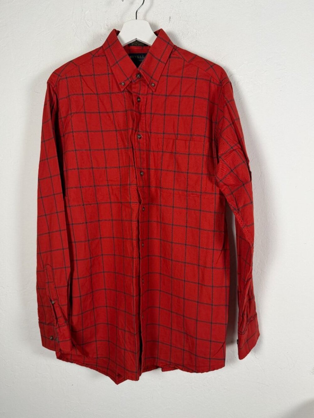 Viyella Patrick James Mens Button Down Shirt Red Windowpane Plaid Flannel Medium